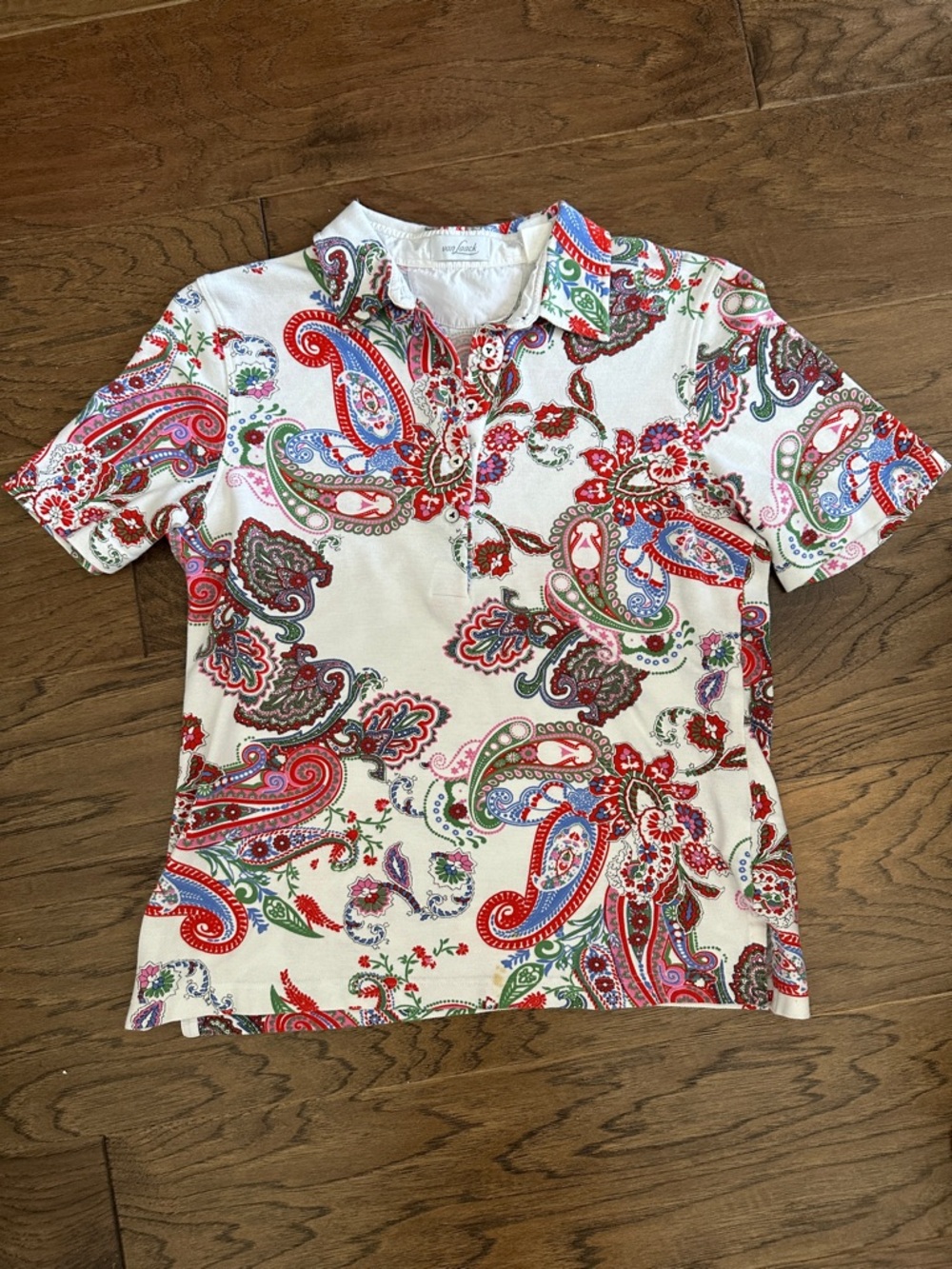Van Laack Women's S White Multi-Color Paisley Print Short-Sleeve Polo Shirt